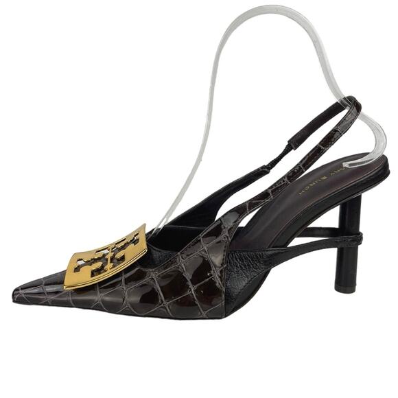 Tory Burch Black Pointed Toe Patent Crocs Sling Back High Heels Pumps Shoes 7M - Picture 1 of 7